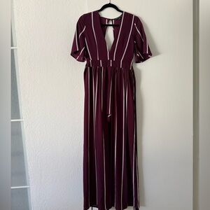 Elegant Burgundy Striped Maxi Dress with peekaboo romper